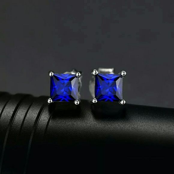 Created Sapphire Princess Cut Earrings 4mm Sterling Silver - Picture 2 of 5
